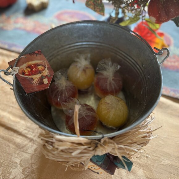 Floating 3D Apple Candles in Galvanized Bucket, Hand Painted Wooden Apple Accent - Picture 13 of 16